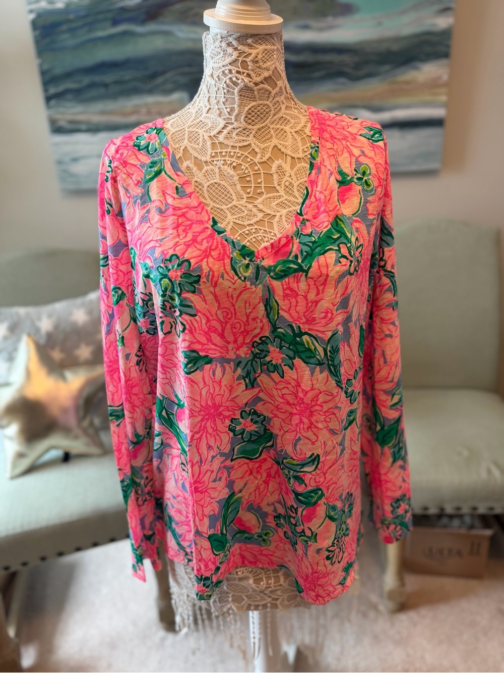 Lilly Pulitzer Pink Floral V-Neck Long Sleeve Top